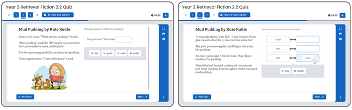 screenshot of interactive reading quiz