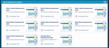 Screenshot of band assessment quizzes from Rocket Phonics Online