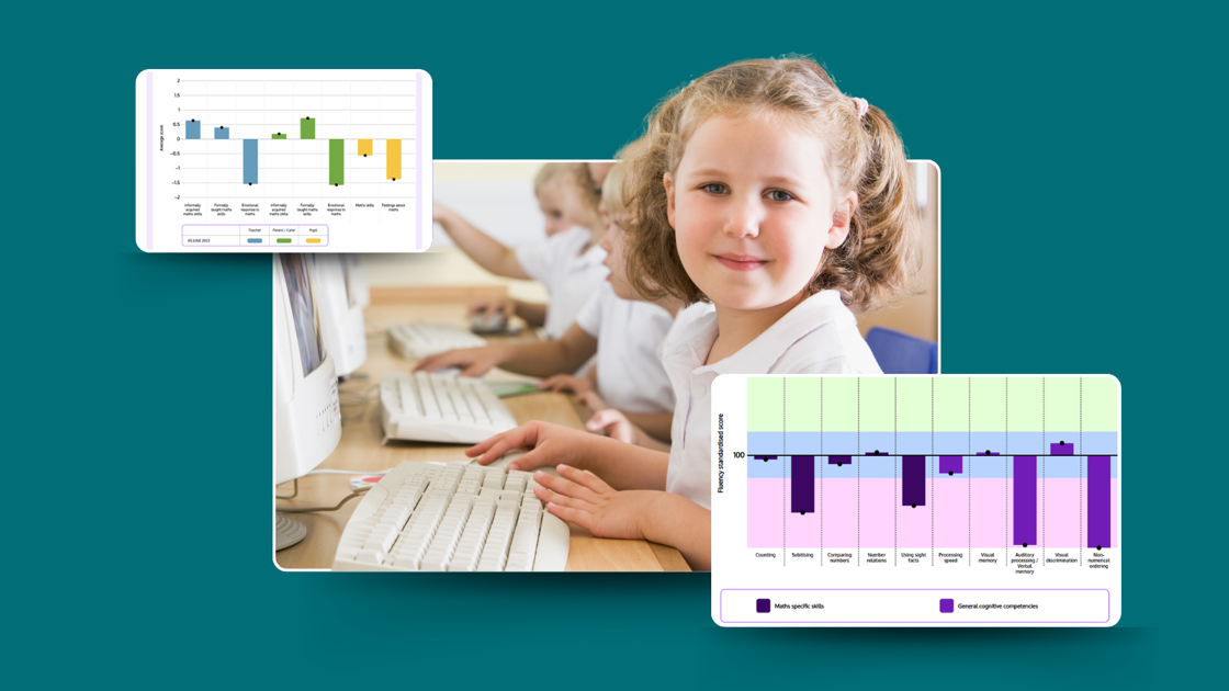Examples of the SNAP Maths UX Core Profile and Fluency Booster reports layered on a picture of a young girl in school uniform at a computer