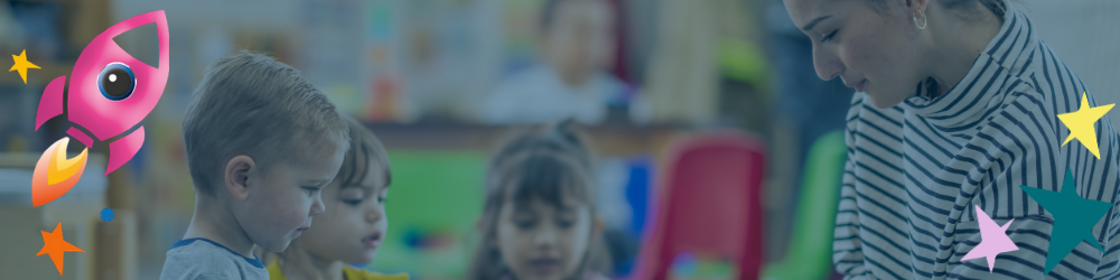 Banner image of teacher reading to nursery pupils, overlaid with the 'Rocket Phonics' rocket logo and stars