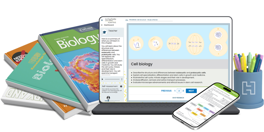 biology textbooks and digital projects and pencil pot 