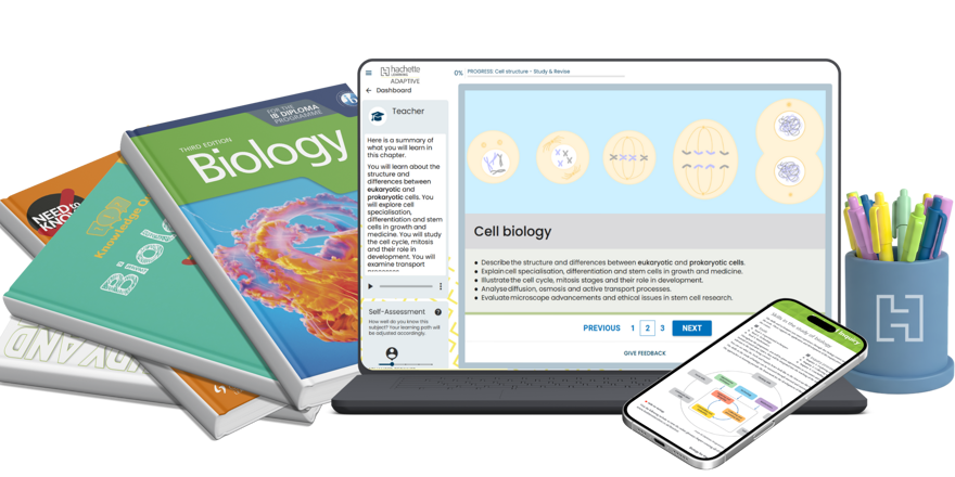 biology textbooks and digital projects and pencil pot 