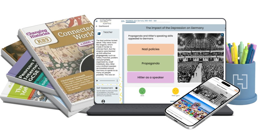 A range of history textbooks and digital products on the laptop and iPad with a pencil mug.