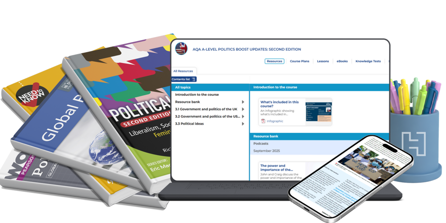 A range of politics textbooks and digital products on the laptop and iPad with a pencil mug.