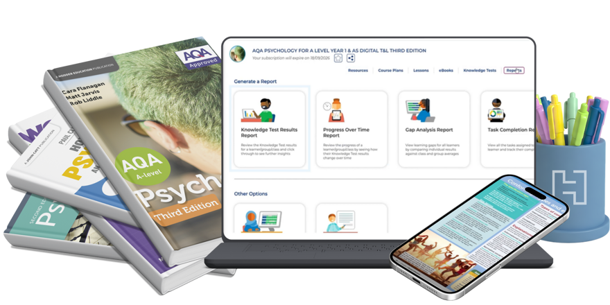 A range of psychology textbooks, pencil pot, laptop and phone 