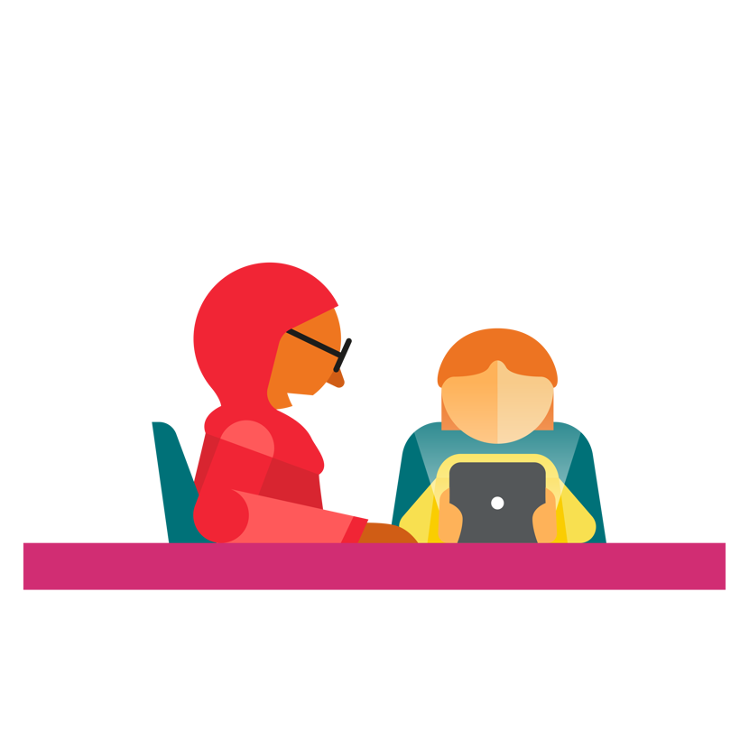 Illustration showing pupil with iPad sitting next to a teacher