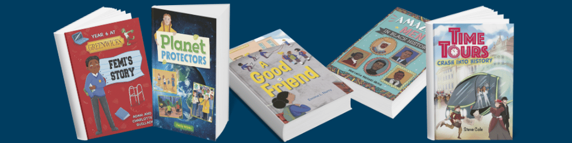 Astro books from Reading Planet: Year 6 at Greenwick's: Femi's Story, Planet Protectors, A Good Friend, Amazing Men in Black History, Time Tours