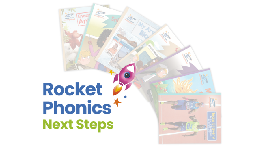 Rocket Phonics Next Steps logo and book covers